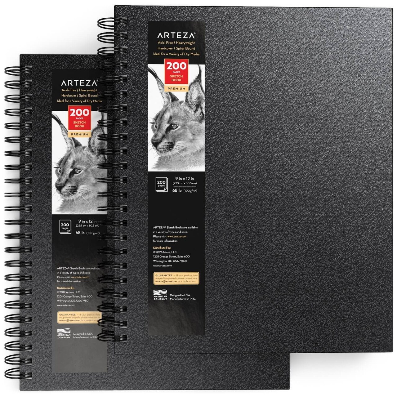 Arteza Sketchbook, Spiral-Bound Hardcover, Black, 9x12", 200 Pages of Drawing Paper Each - 2 Pack
